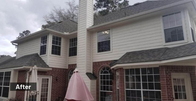 after photo of a siding replacement job and exterior painting in the woodlands texas