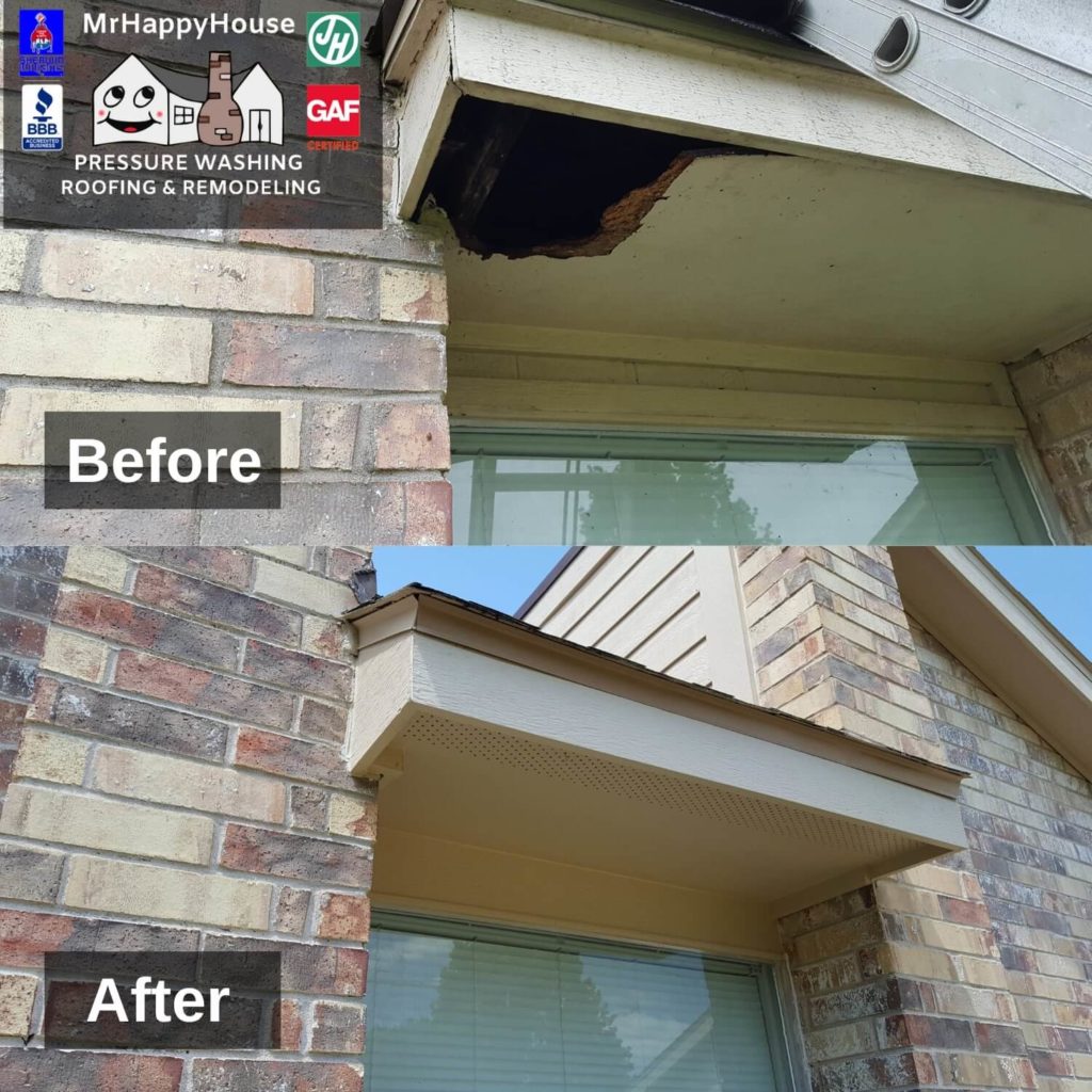 before and after of a soffit and fascia wood rot repair