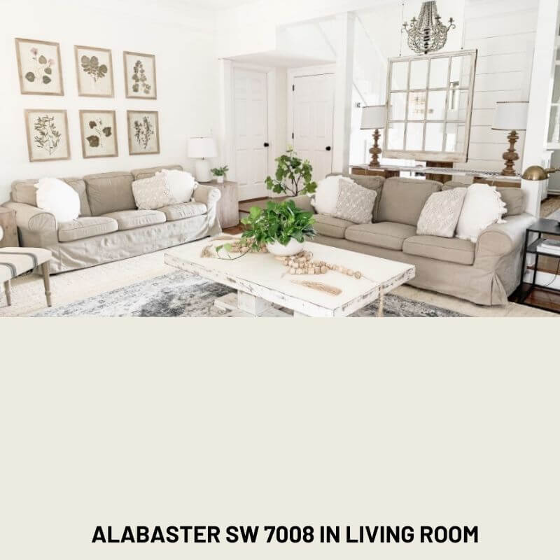 Alabaster from Sherwin Williams on the walls of this living room with furniture and decorations