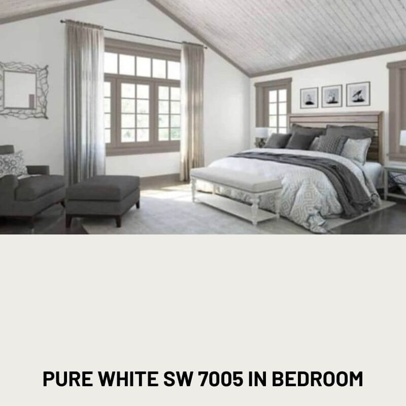 Pure White SW 7005 from Sherwin Williams paint color on the walls of this bedroom