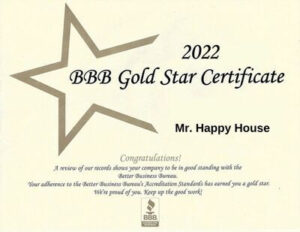 Mr. Happy House BBB Gold Star Certificate 2022