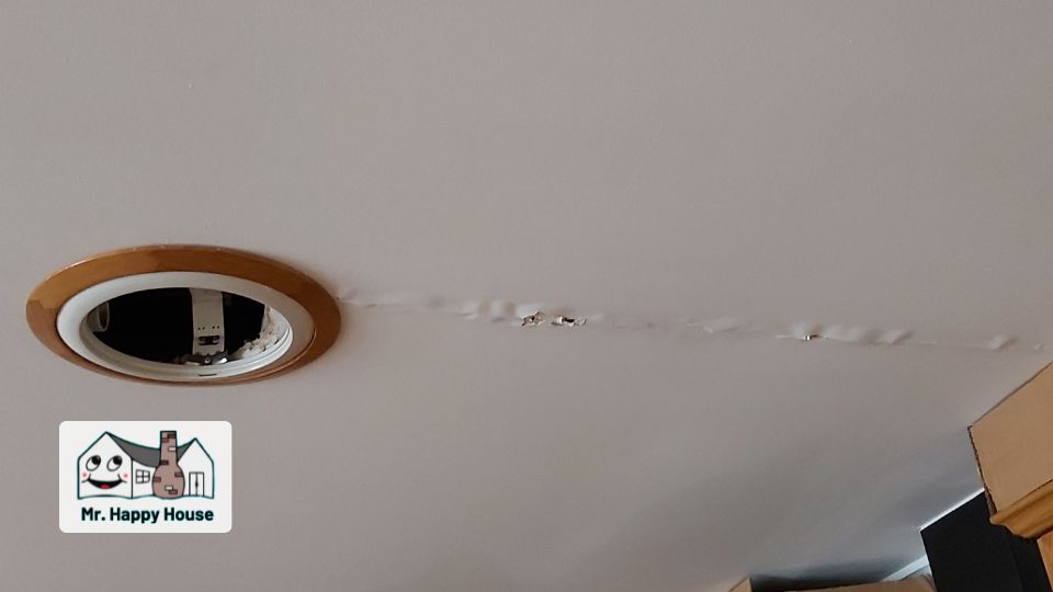 leaking in ceiling from a leaky roof and can potentially causes electrical issues.
